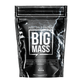 A sleek black pouch of Big Mass 3000g by Pure Gold Protein features lightning graphics and highlights its muscle gainer formula, high protein, added creatine, 25 servings, and a net weight of 3000g.